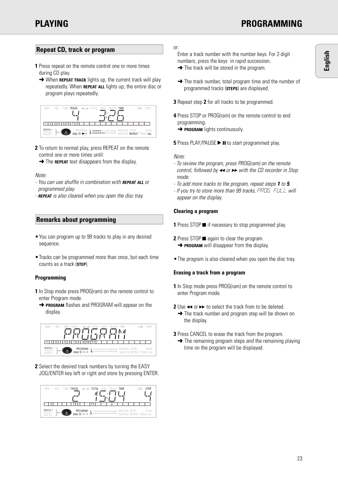 Philips CDR570 manual Repeat CD, track or program, Remarks about programming, Programming, Clearing a program 