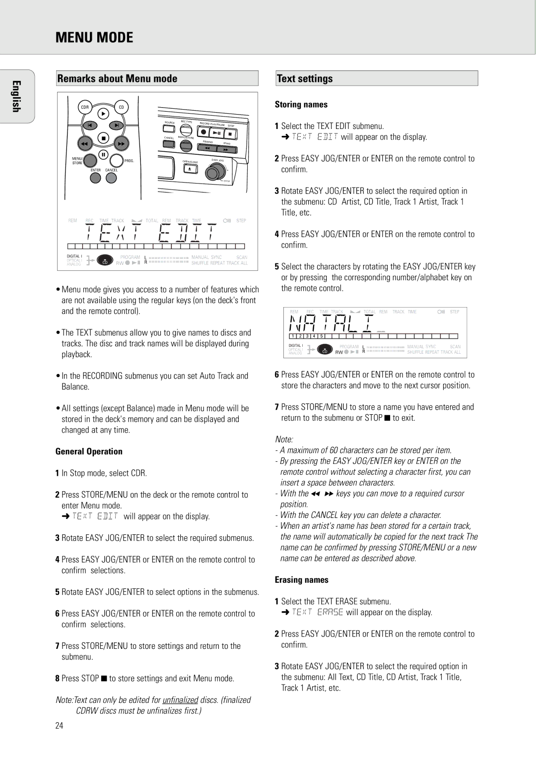 Philips CDR570 manual Menu Mode, English Remarks about Menu mode, Text settings 