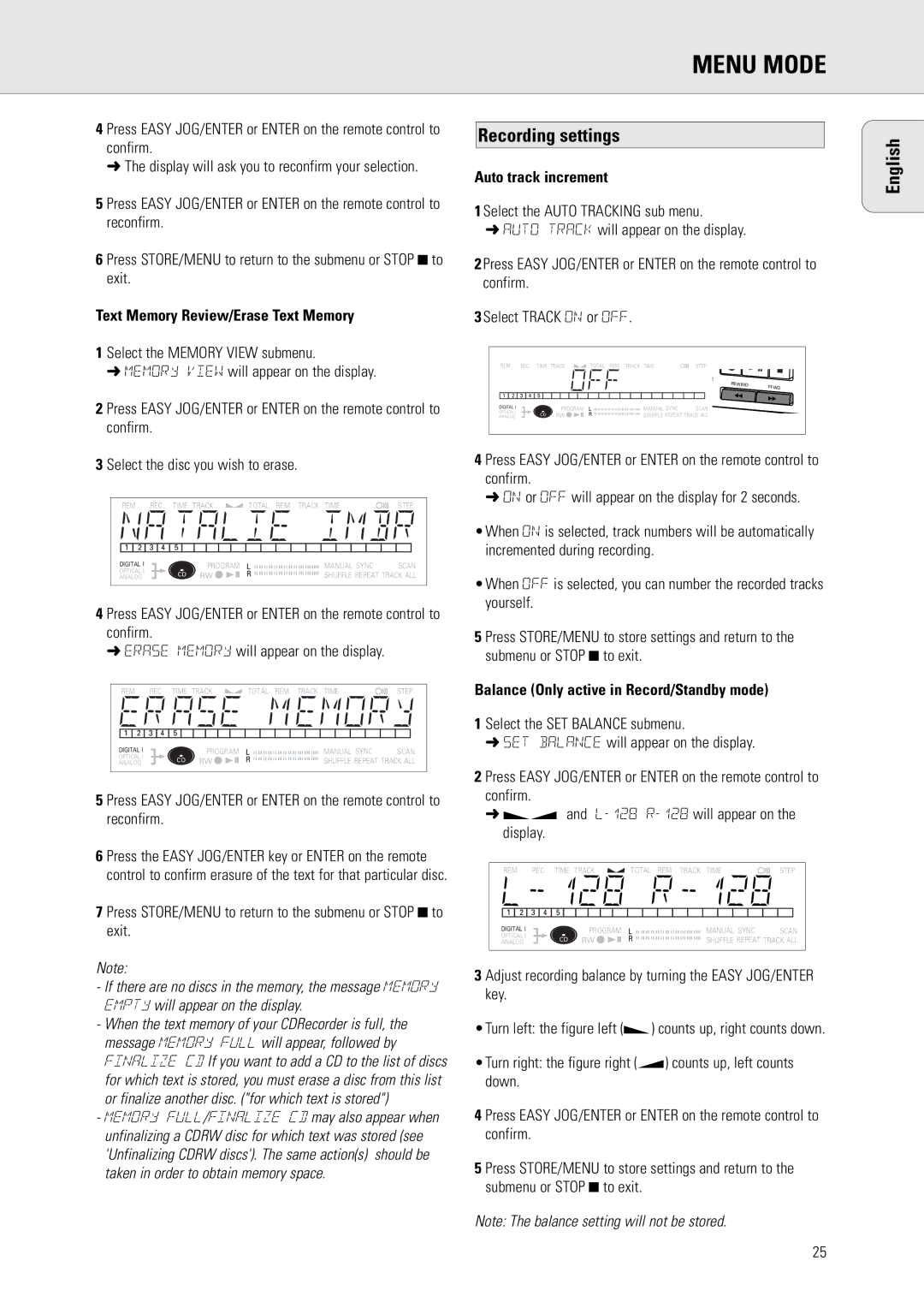 Philips CDR570 manual Recording settings, Text Memory Review/Erase Text Memory, Auto track increment 