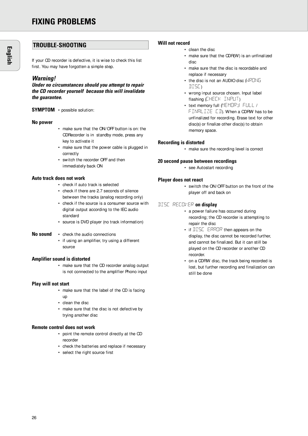 Philips CDR570 manual Fixing Problems 