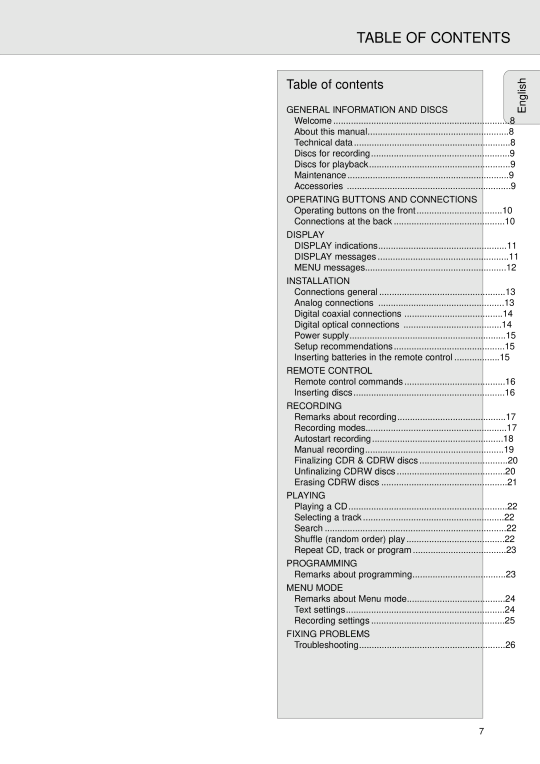 Philips CDR570 manual Table of Contents 