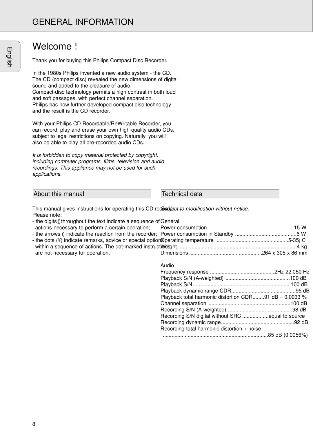 Philips CDR570 About this manual, Technical data, General, Audio 