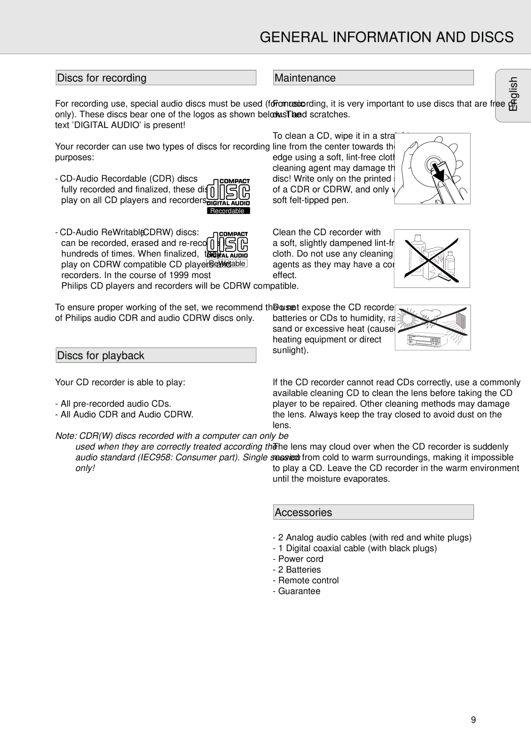 Philips CDR570 manual General Information and Discs, Discs for recording, Discs for playback, Accessories, Maintenance 