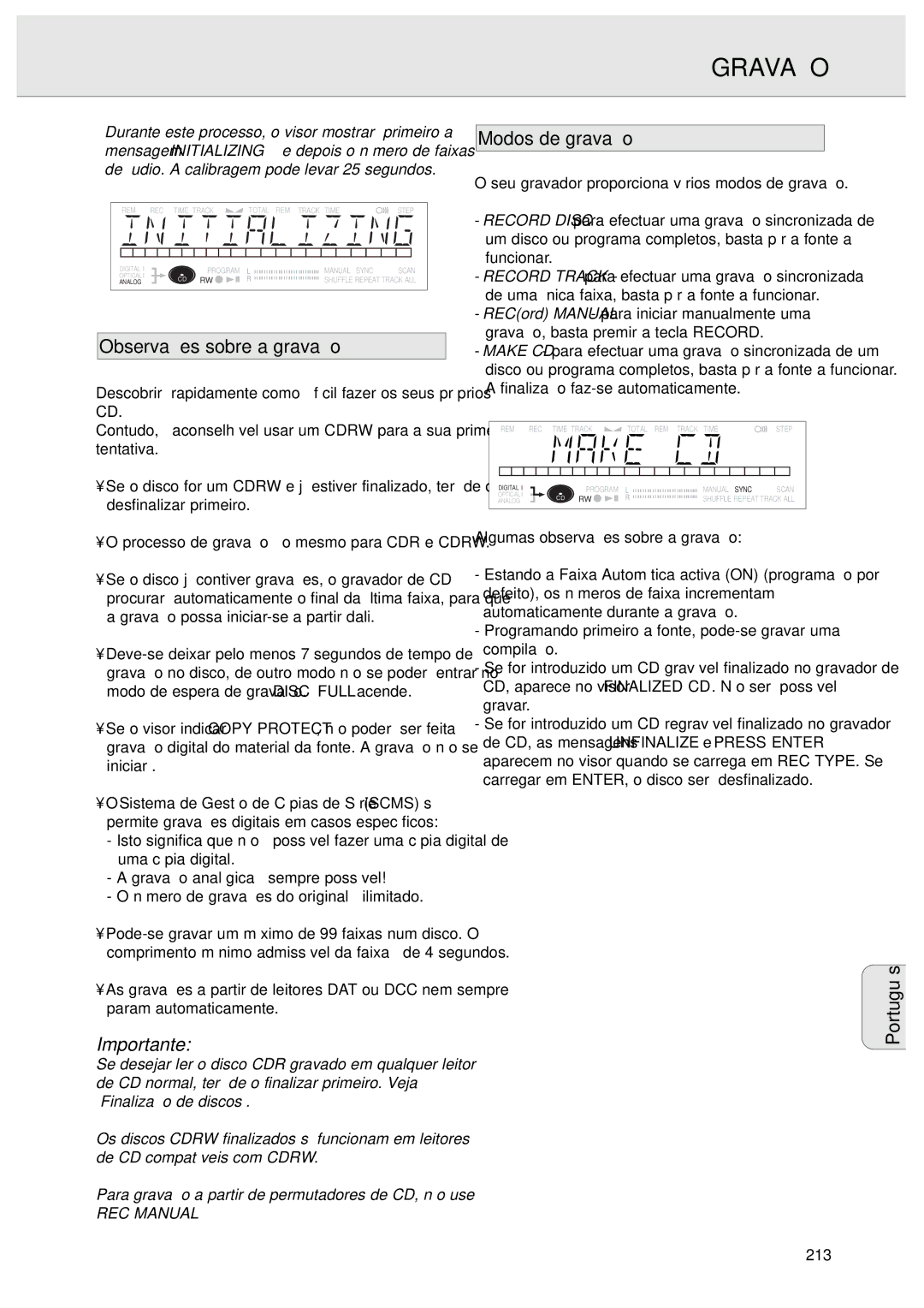 Philips CDR570 manual Gravação, Observações sobre a gravação, Modos de gravação, Algumas observações sobre a gravação, 213 