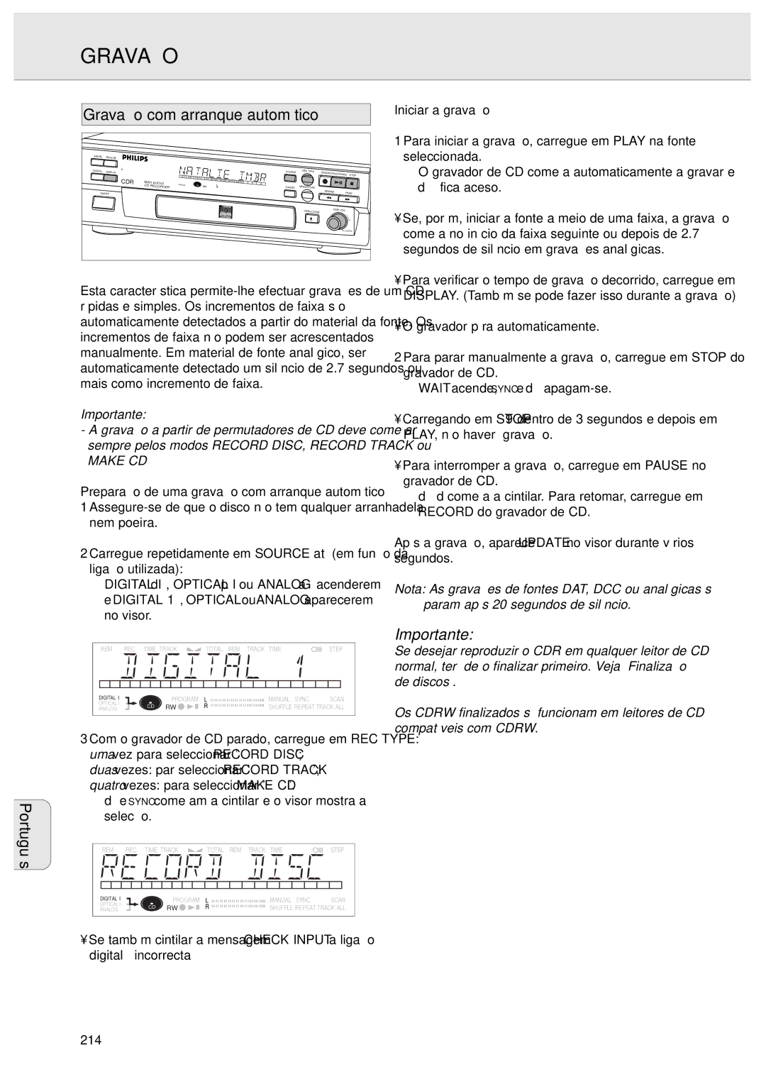 Philips CDR570 manual Gravação com arranque automático, Iniciar a gravação, 214 