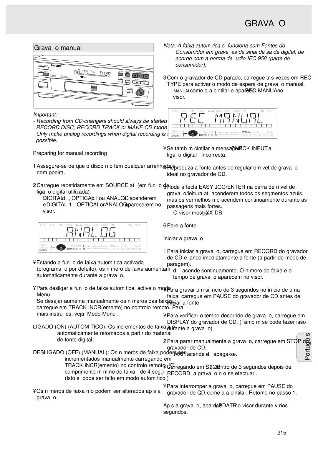 Philips CDR570 Gravação manual, Preparing for manual recording 