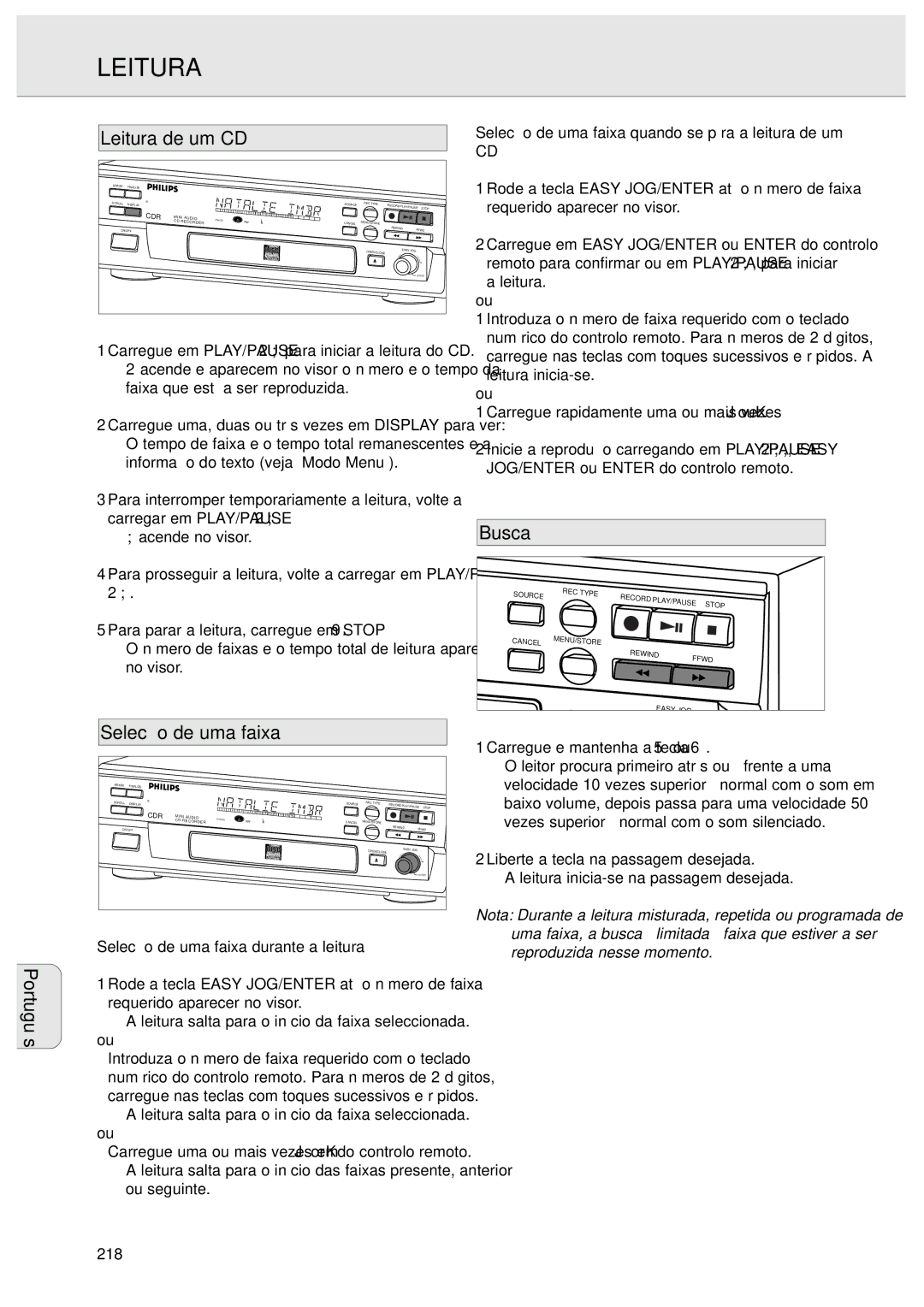 Philips CDR570 manual Leitura de um CD, Selecção de uma faixa, Busca 