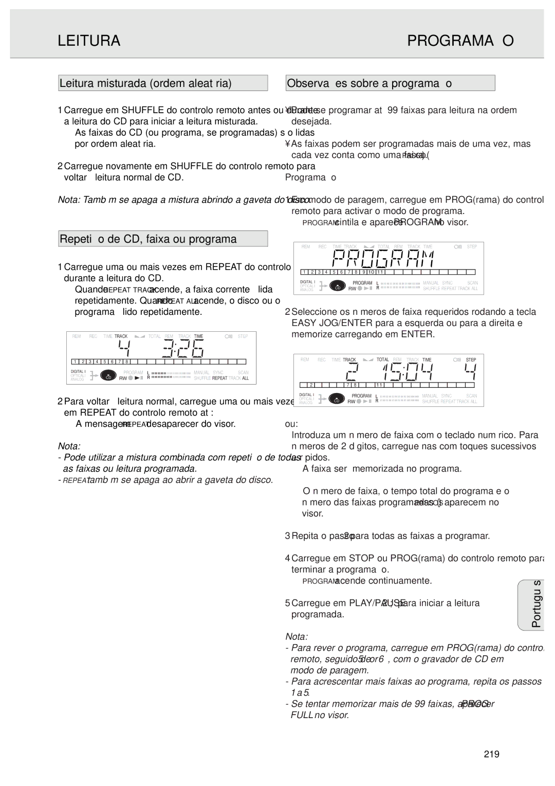 Philips CDR570 manual Leitura Programação, Repetição de CD, faixa ou programa 