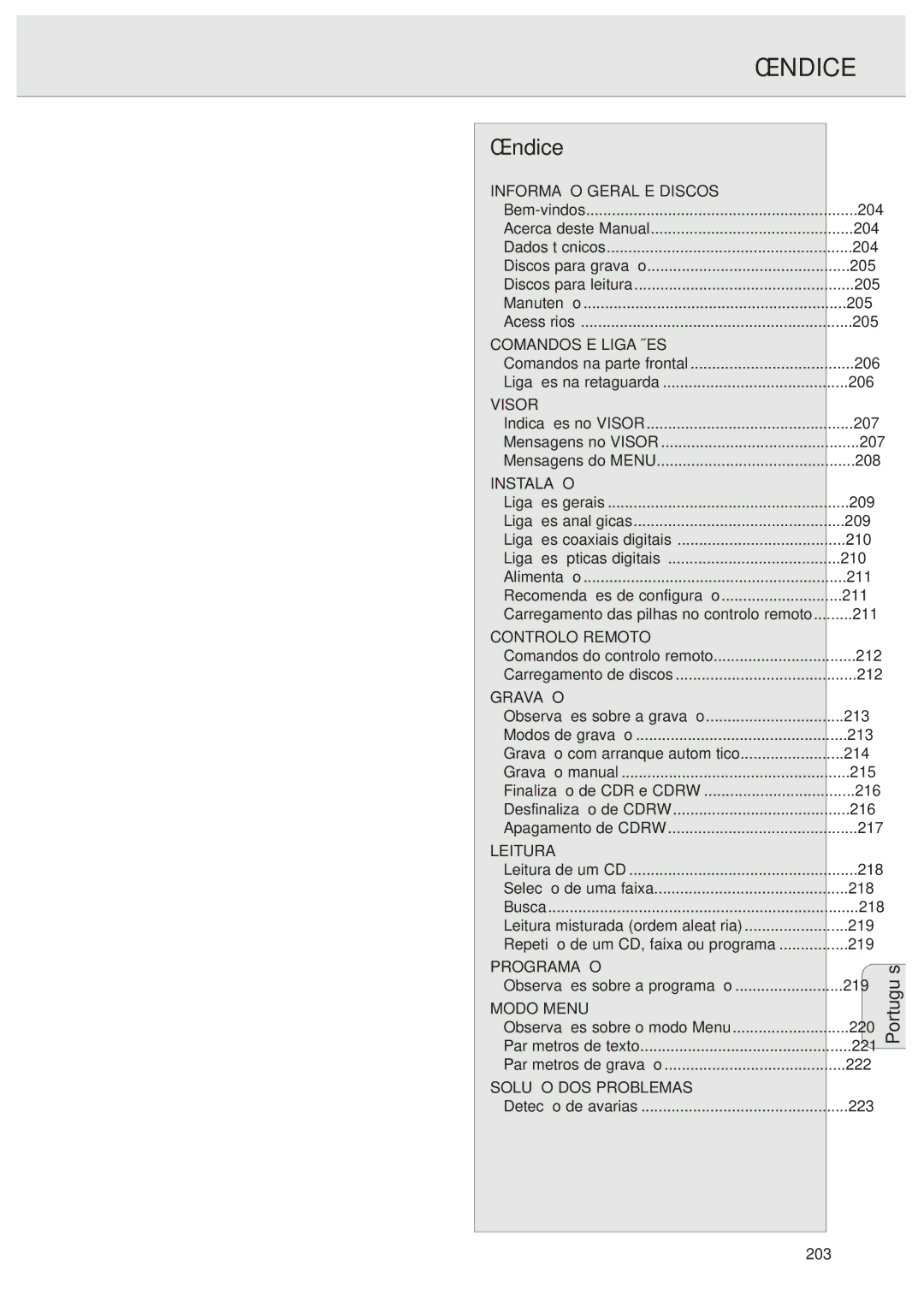 Philips CDR570 manual Índice, Português, 203 