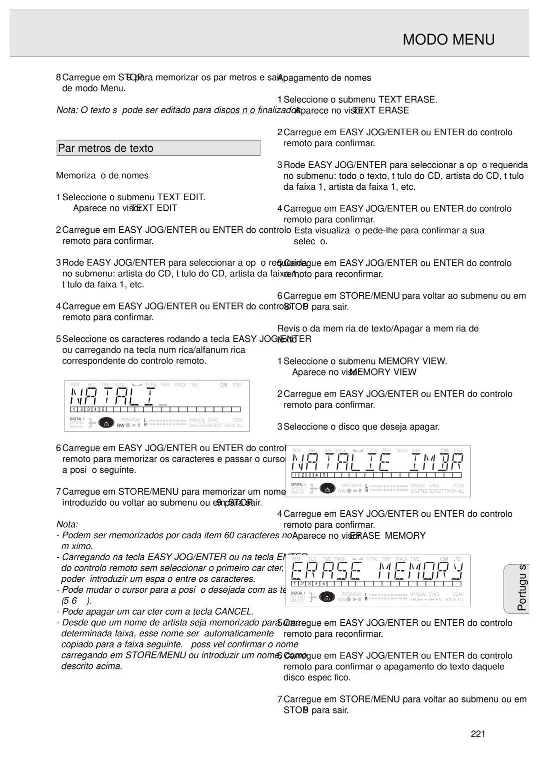 Philips CDR570 manual Modo Menu, Parâmetros de texto, Memorização de nomes, Apagamento de nomes 