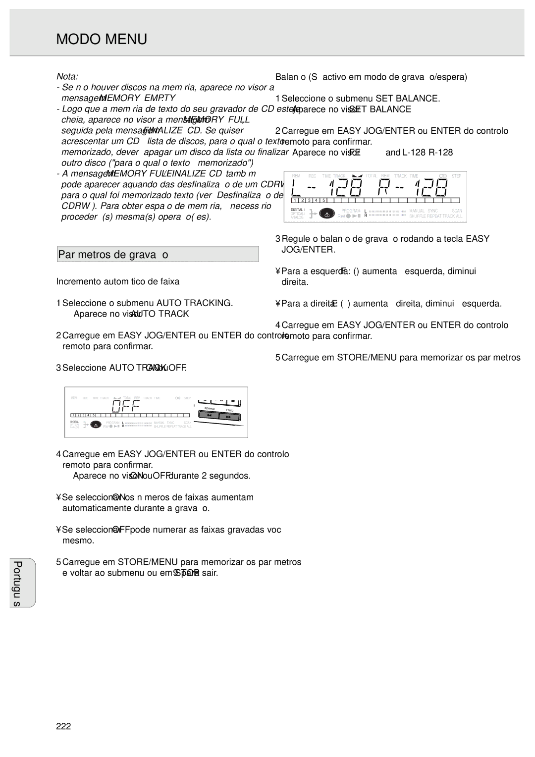 Philips CDR570 manual Parâmetros de gravação, Incremento automático de faixa, Balanço Só activo em modo de gravação/espera 