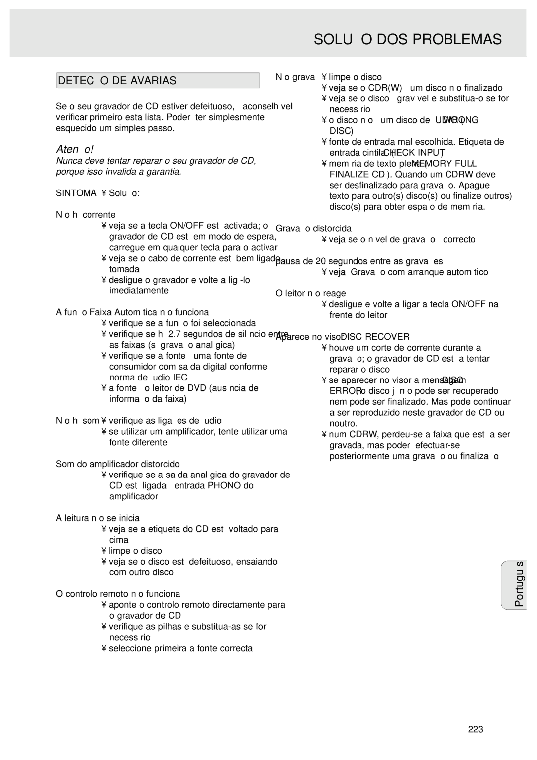 Philips CDR570 manual Solução DOS Problemas 