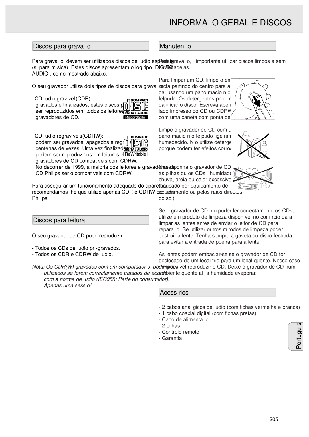 Philips CDR570 manual Informação Geral E Discos, Discos para gravação Manutenção, Discos para leitura, Acessórios 