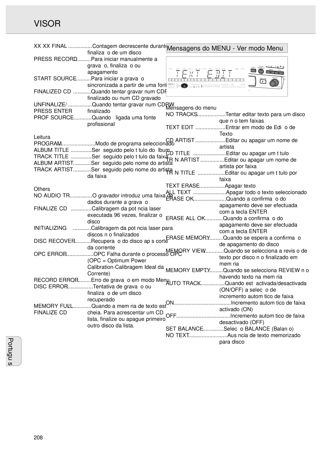 Philips CDR570 manual Mensagens do Menu Ver modo Menu 