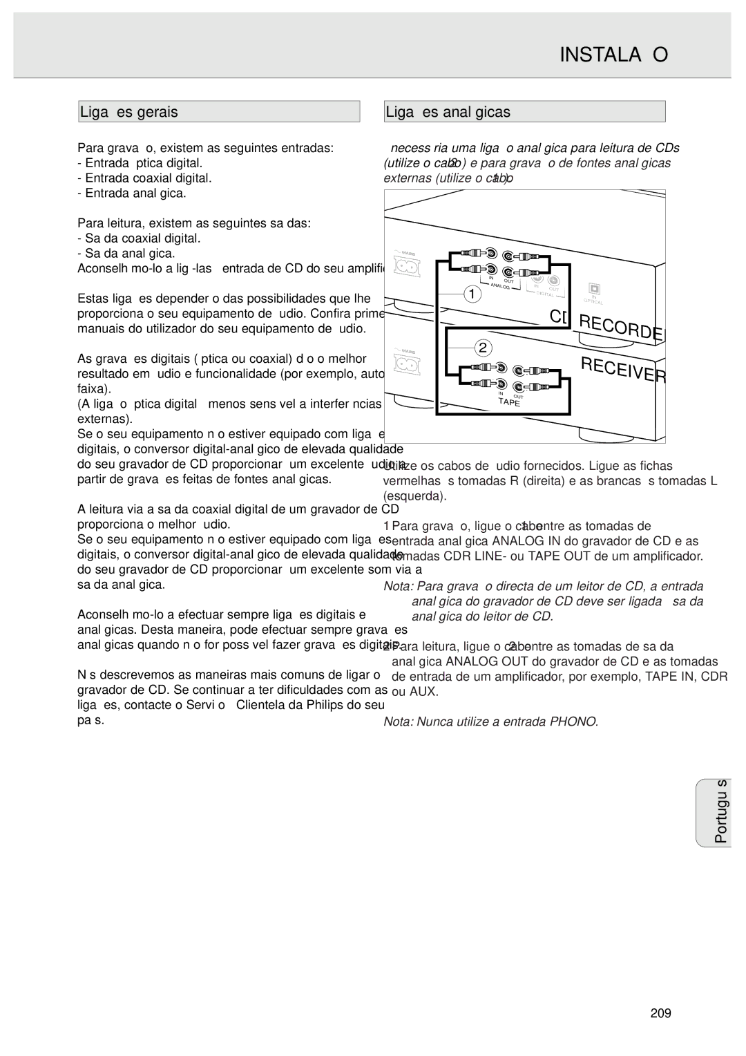 Philips CDR570 manual Instalação, Ligações gerais, Ligações analógicas, 209 