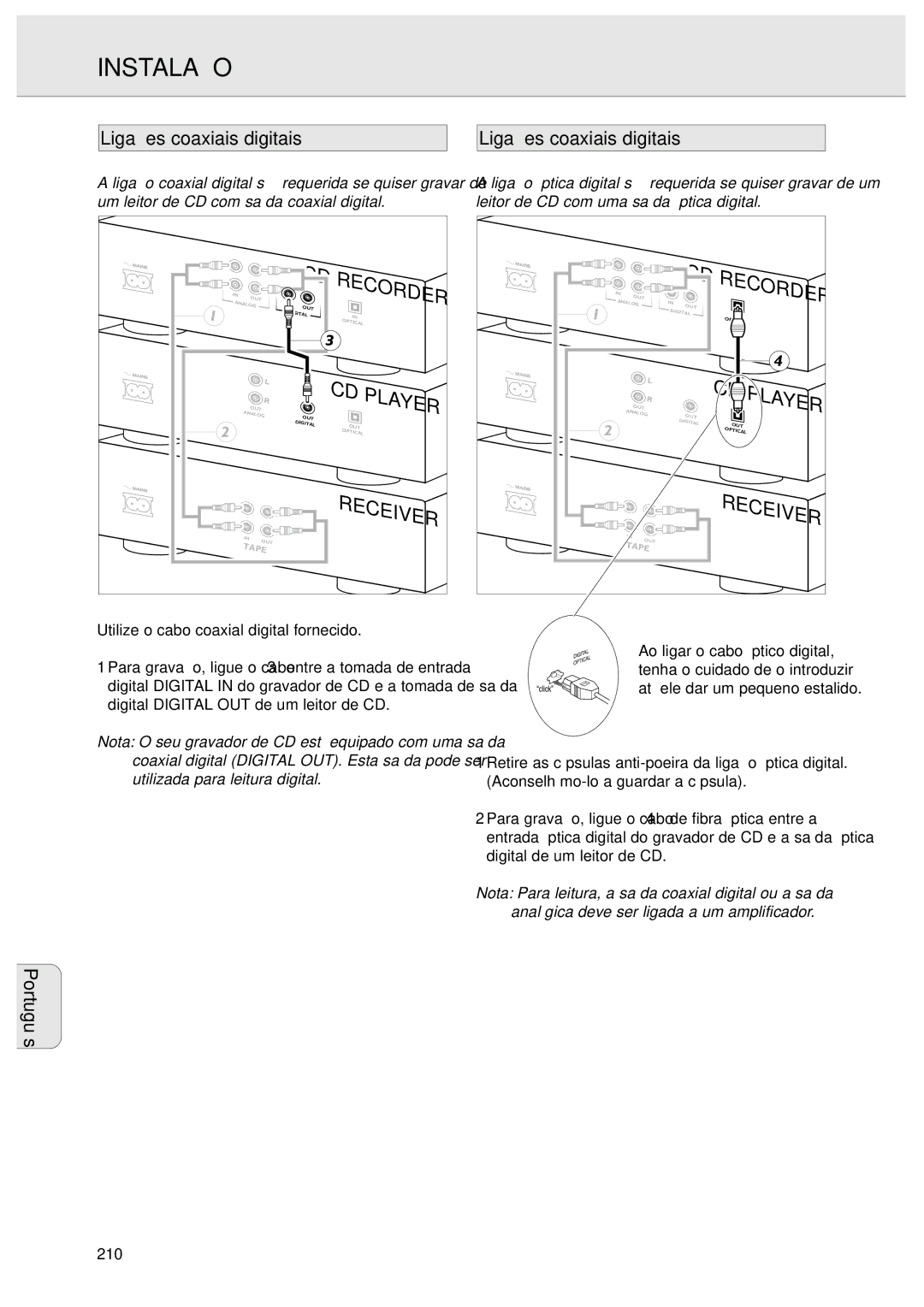 Philips CDR570 manual Ligações coaxiais digitais, Utilize o cabo coaxial digital fornecido, 210 