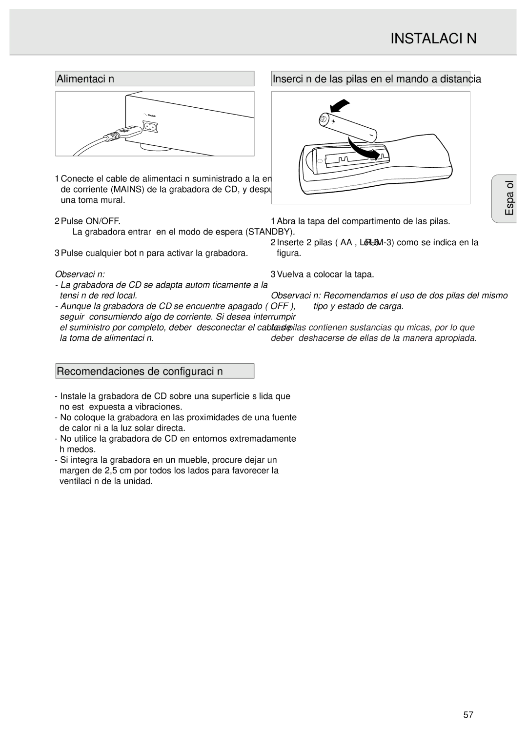 Philips CDR570 Alimentación, Recomendaciones de configuración, Inserción de las pilas en el mando a distancia Español 