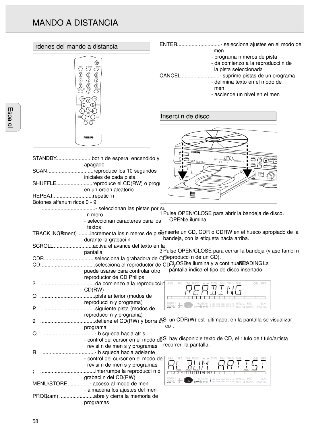 Philips CDR570 manual Mando a Distancia, Órdenes del mando a distancia, Inserción de disco 