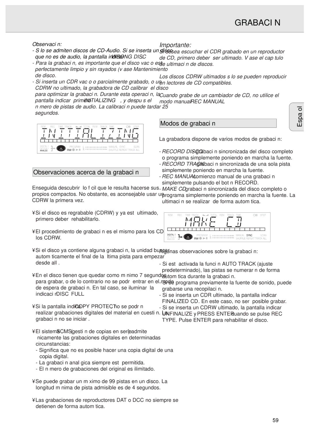 Philips CDR570 manual Grabación, Observaciones acerca de la grabación, Modos de grabación 