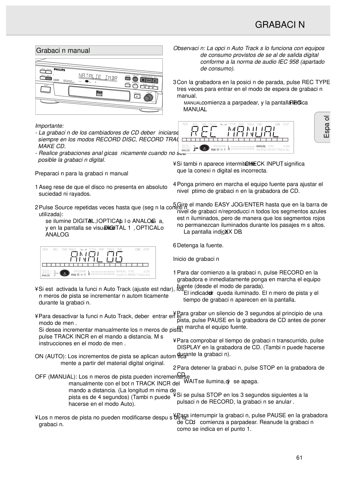 Philips CDR570 Grabación manual, Preparación para la grabación manual, La pantalla indica XX DB Detenga la fuente 