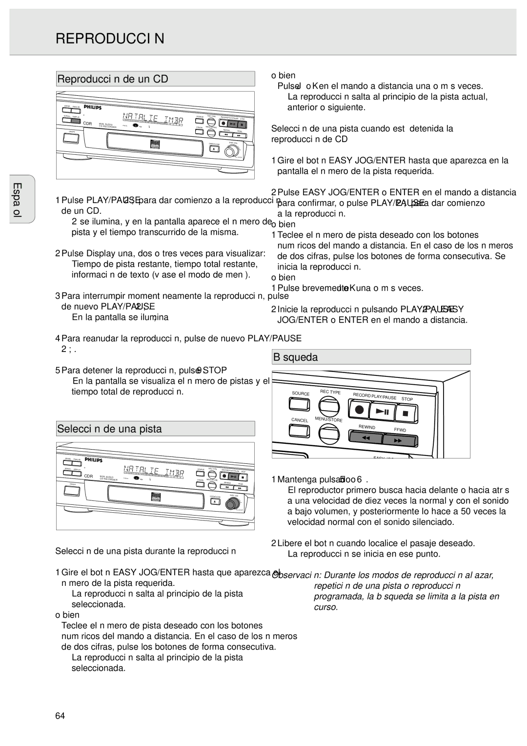 Philips CDR570 manual Reproducción de un CD, Búsqueda, Selección de una pista durante la reproducción 