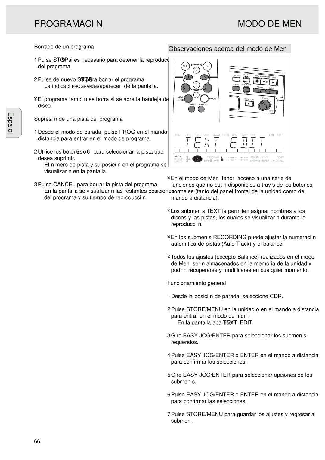 Philips CDR570 manual Observaciones acerca del modo de Menú, Borrado de un programa, Supresión de una pista del programa 