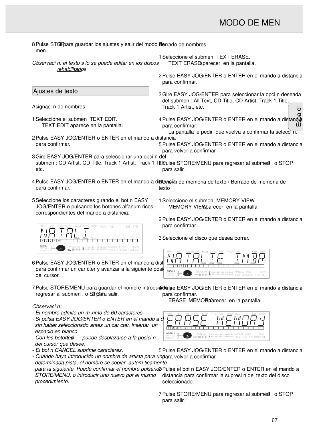 Philips CDR570 manual Modo DE Menú, Ajustes de texto, Asignación de nombres, Borrado de nombres 