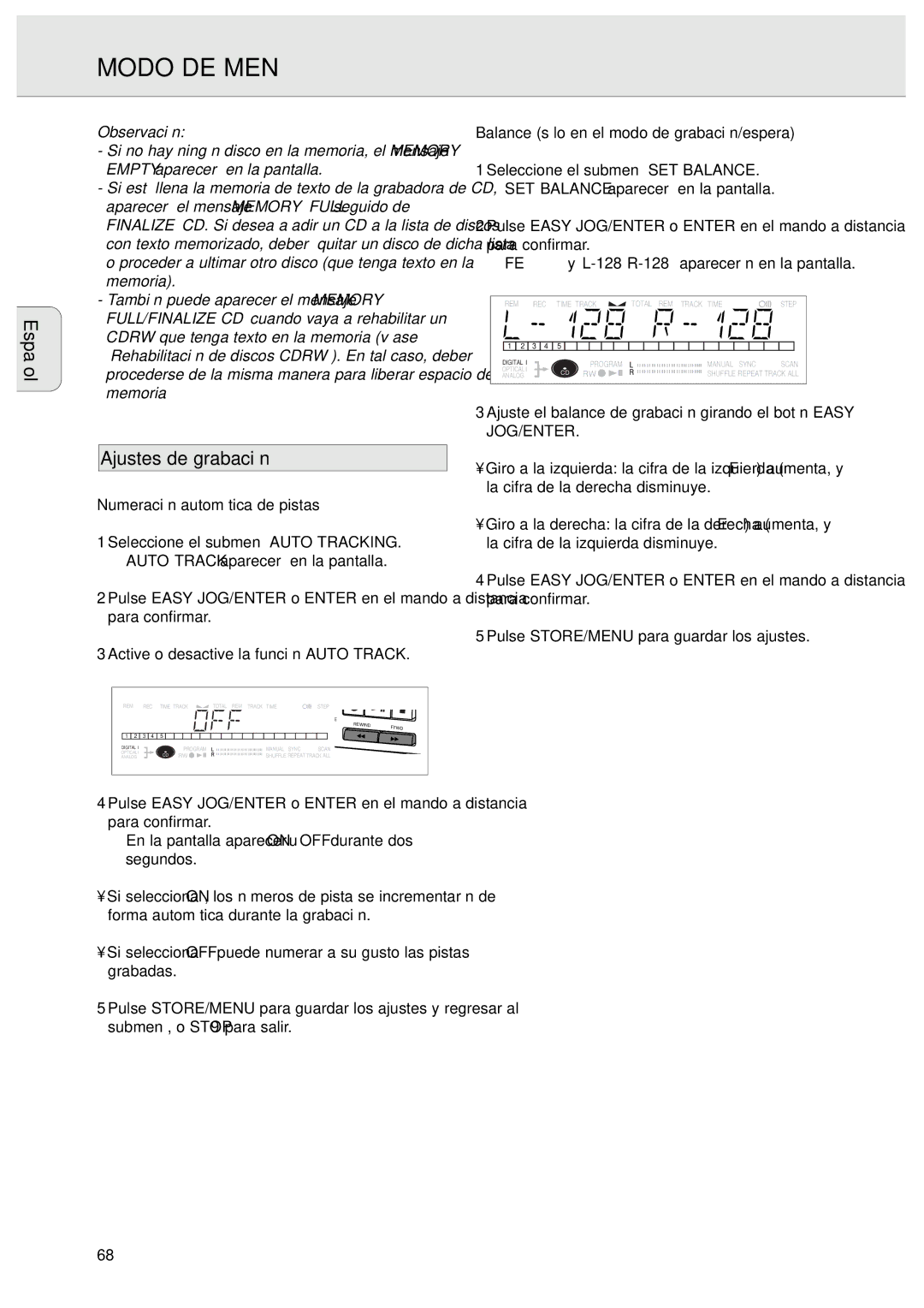 Philips CDR570 manual Ajustes de grabación, Numeración automática de pistas, Balance sólo en el modo de grabación/espera 