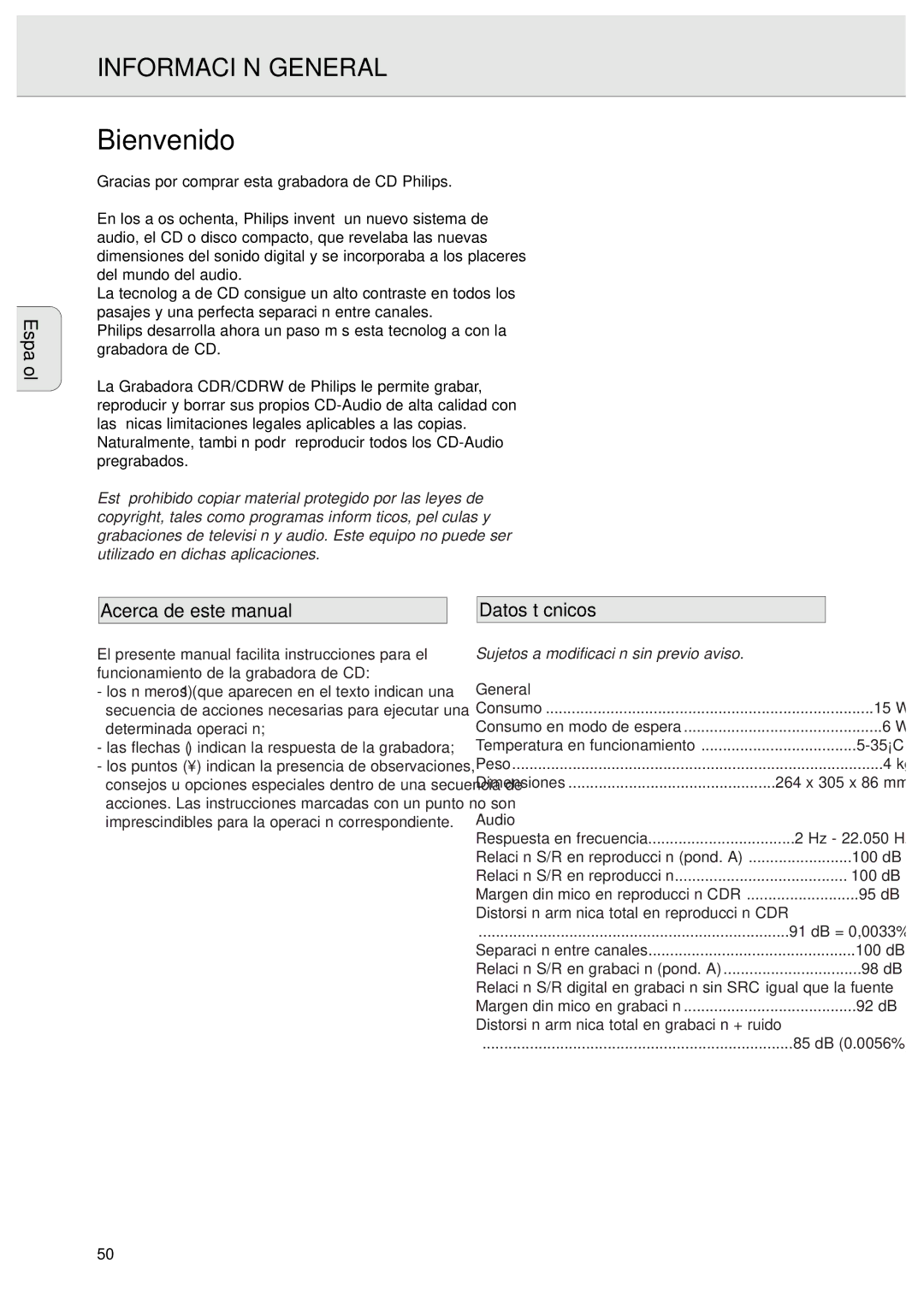 Philips CDR570 Información General, Acerca de este manual, Datos técnicos, Audio 