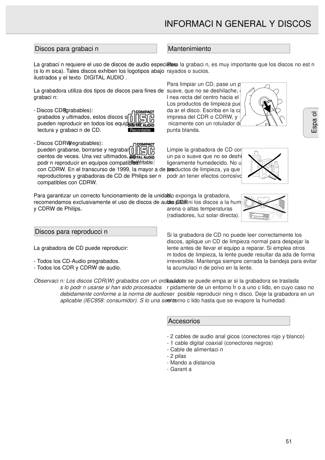 Philips CDR570 manual Información General Y Discos, Discos para grabación, Discos para reproducción, Mantenimiento 