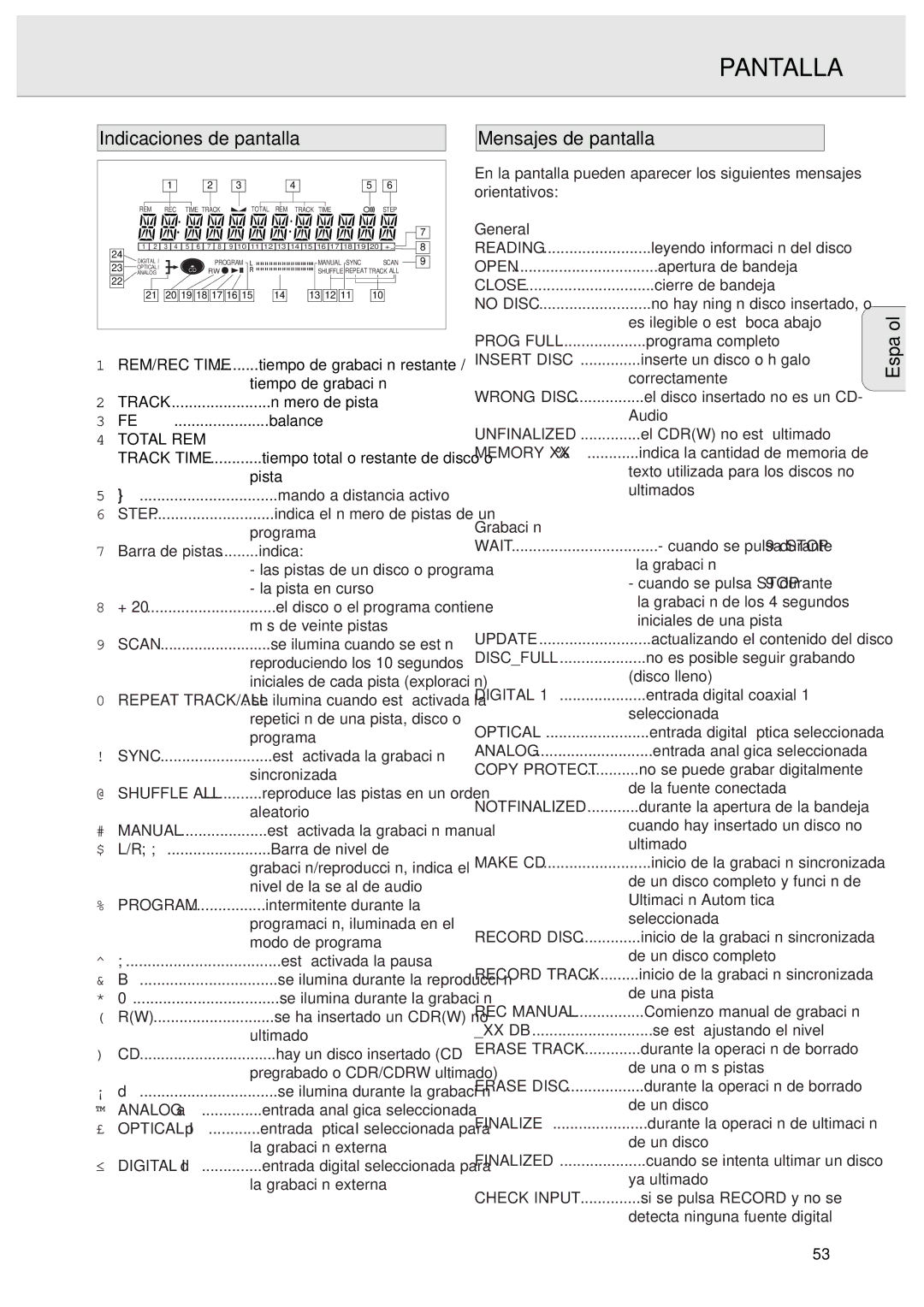 Philips CDR570 manual Pantalla, Indicaciones de pantalla, Mensajes de pantalla, Barra de pistas 