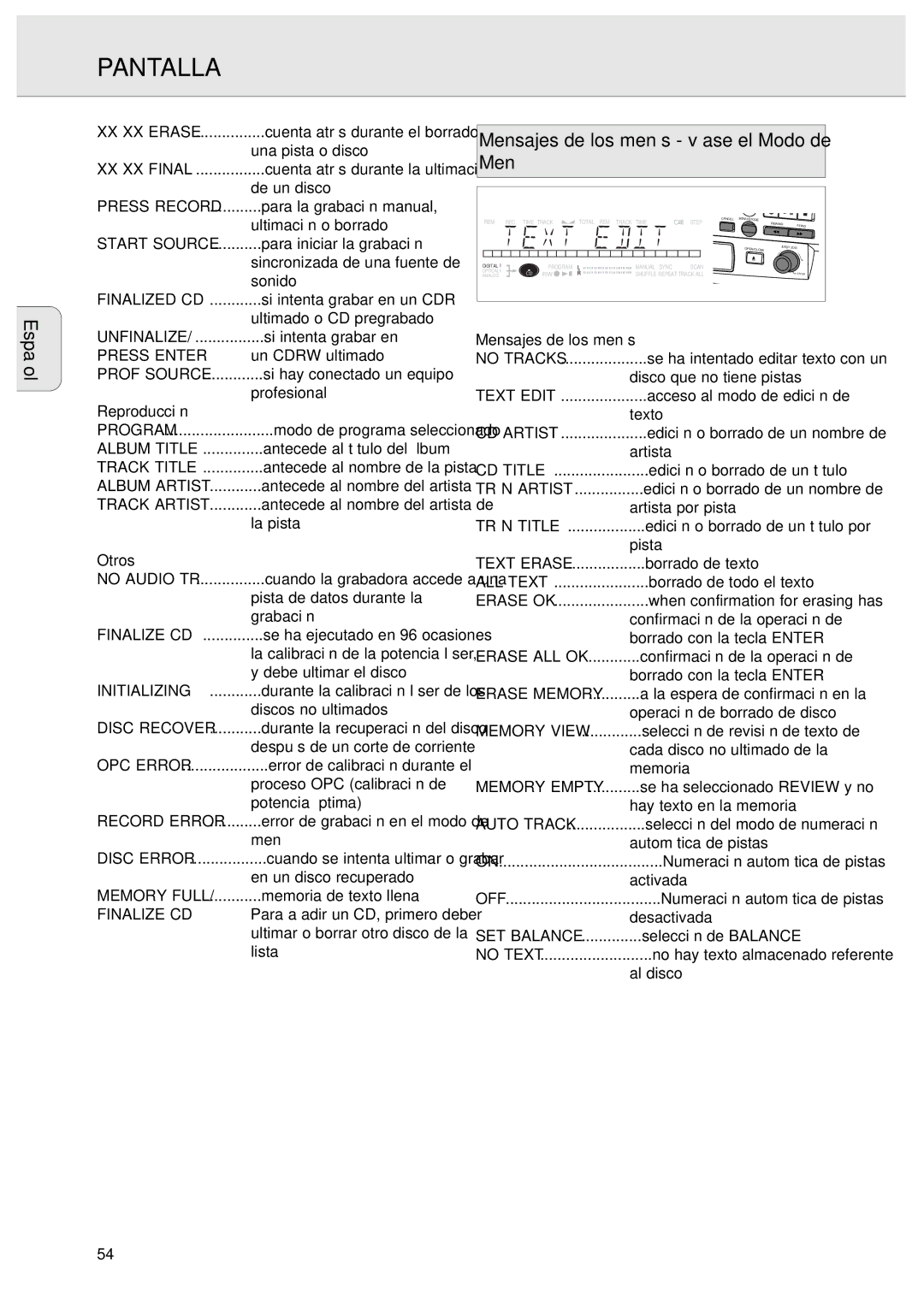 Philips CDR570 manual Mensajes de los menús véase el Modo de Menú 