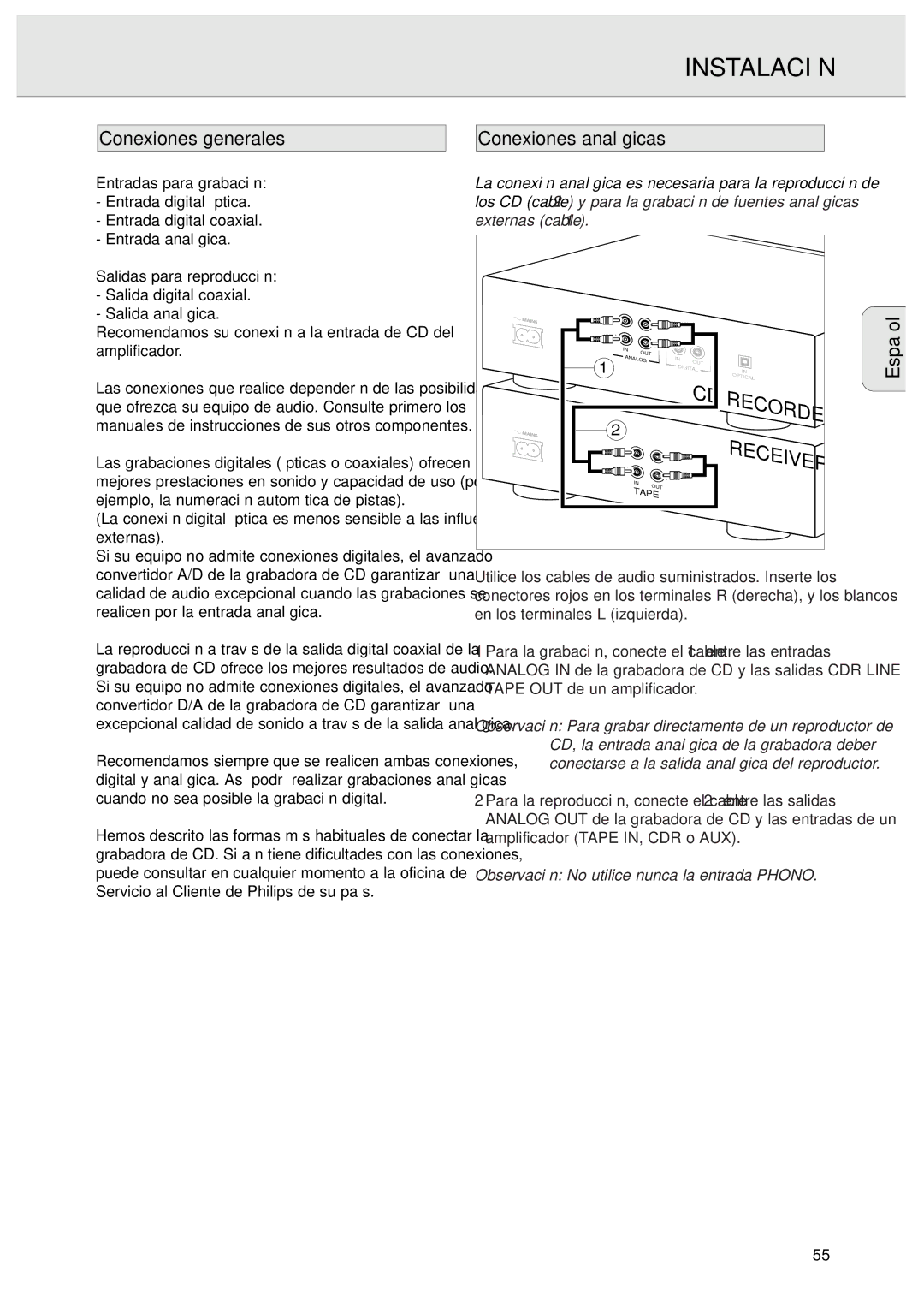 Philips CDR570 manual Instalación, Conexiones generales Conexiones analógicas 