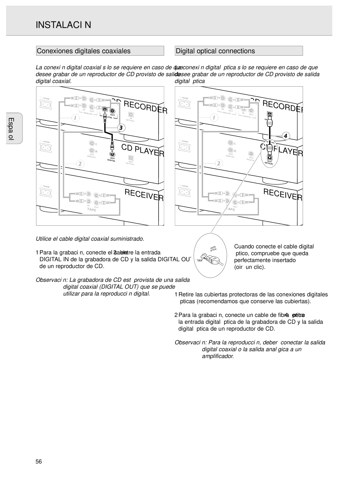 Philips CDR570 manual Conexiones digitales coaxiales, Digital optical connections 