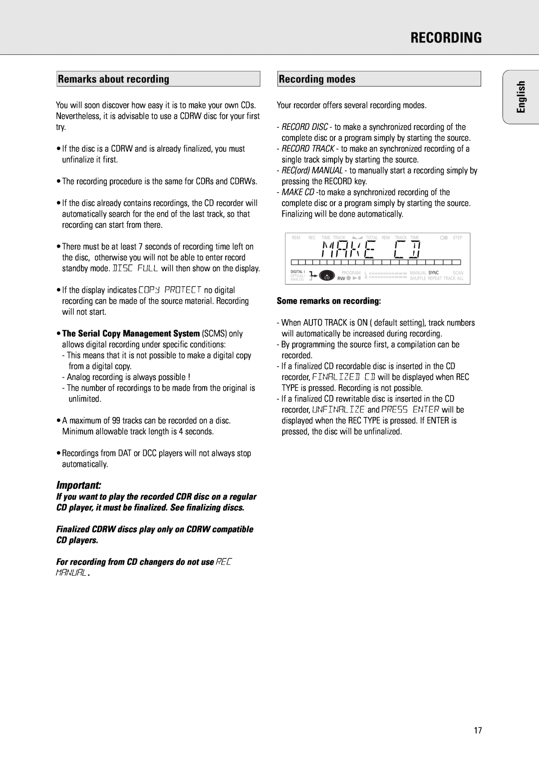 Philips CDR570 manual Remarks about recording, Recording modes, Some remarks on recording, English 