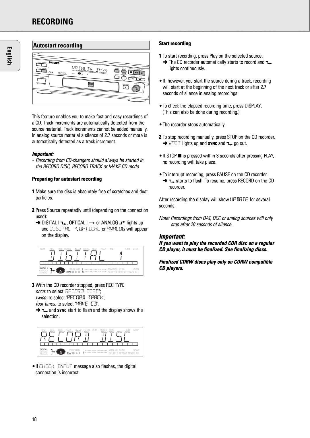 Philips CDR570 manual Autostart recording, Preparing for autostart recording, Start recording, Recording, English 