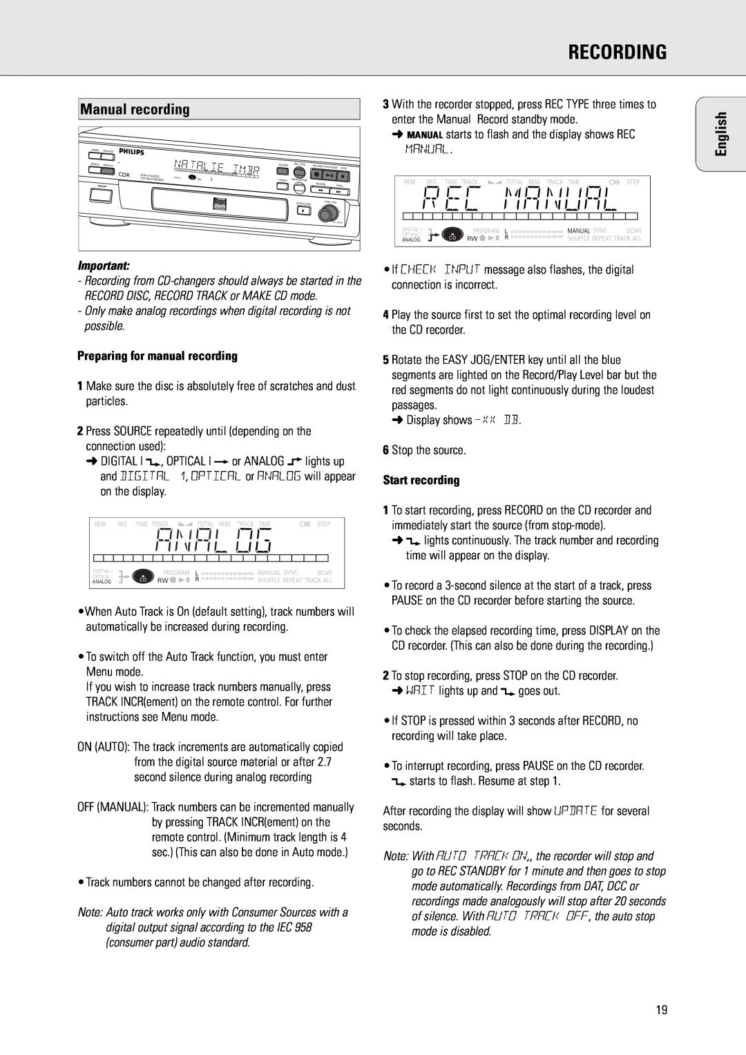 Philips CDR570 Manual recording, Preparing for manual recording, Recording, English, Start recording 