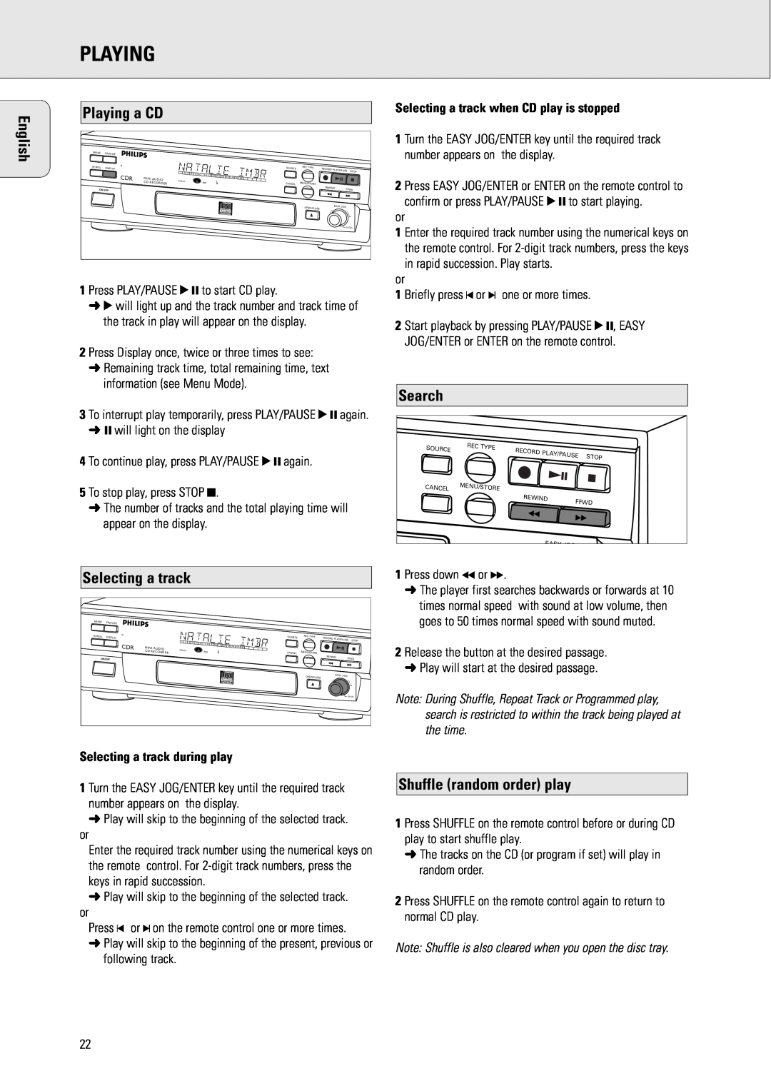 Philips CDR570 manual Playing a CD, Search, Shuffle random order play, Selecting a track during play, English 