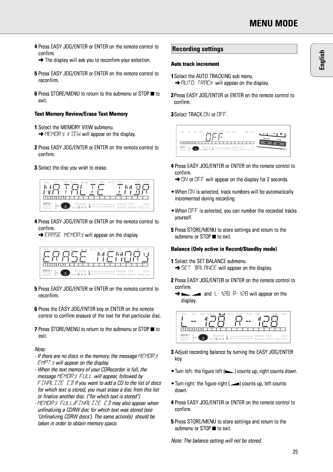 Philips CDR570 manual Recording settings, Text Memory Review/Erase Text Memory, Auto track increment, Menu Mode, English 