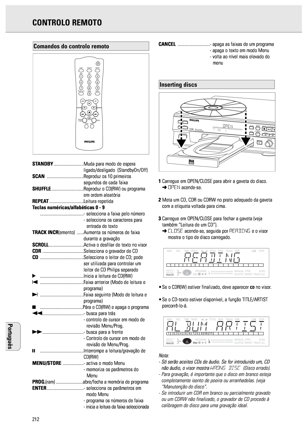 Philips CDR570 manual Controlo Remoto, Comandos do controlo remoto, Inserting discs, Nota, Português 
