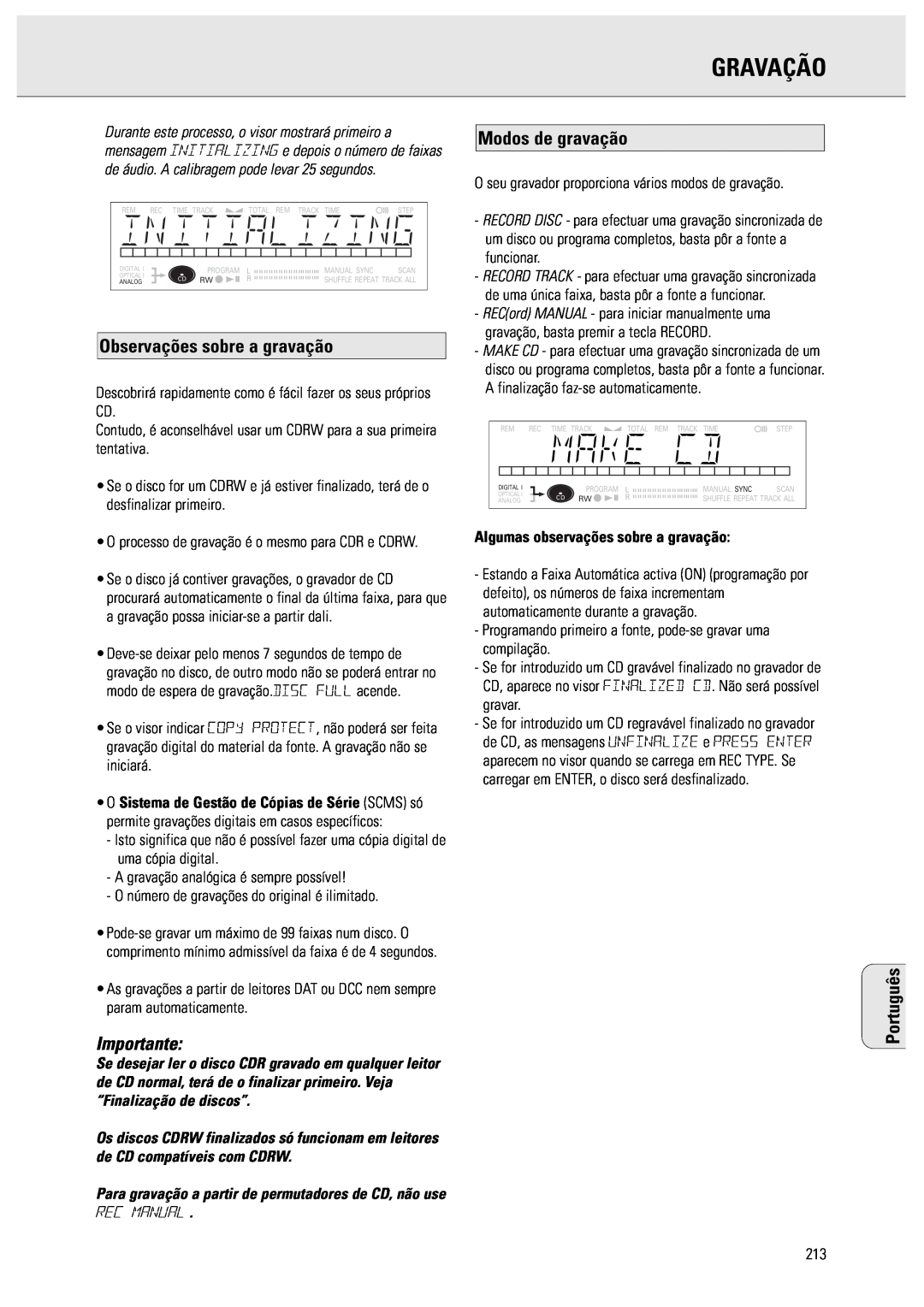 Philips CDR570 manual Gravação, Observações sobre a gravação, Importante, Modos de gravação, Rec Manual, Português 