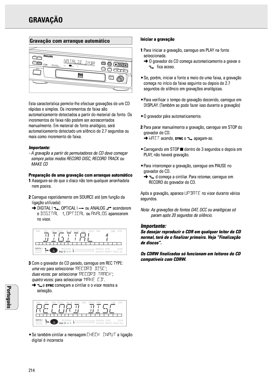 Philips CDR570 manual Gravação com arranque automático, Make Cd, Português, Importante 