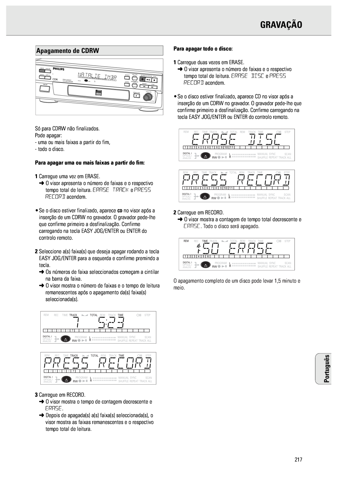 Philips CDR570 manual Apagamento de CDRW, Gravação, Português, Para apagar uma ou mais faixas a partir do fim 