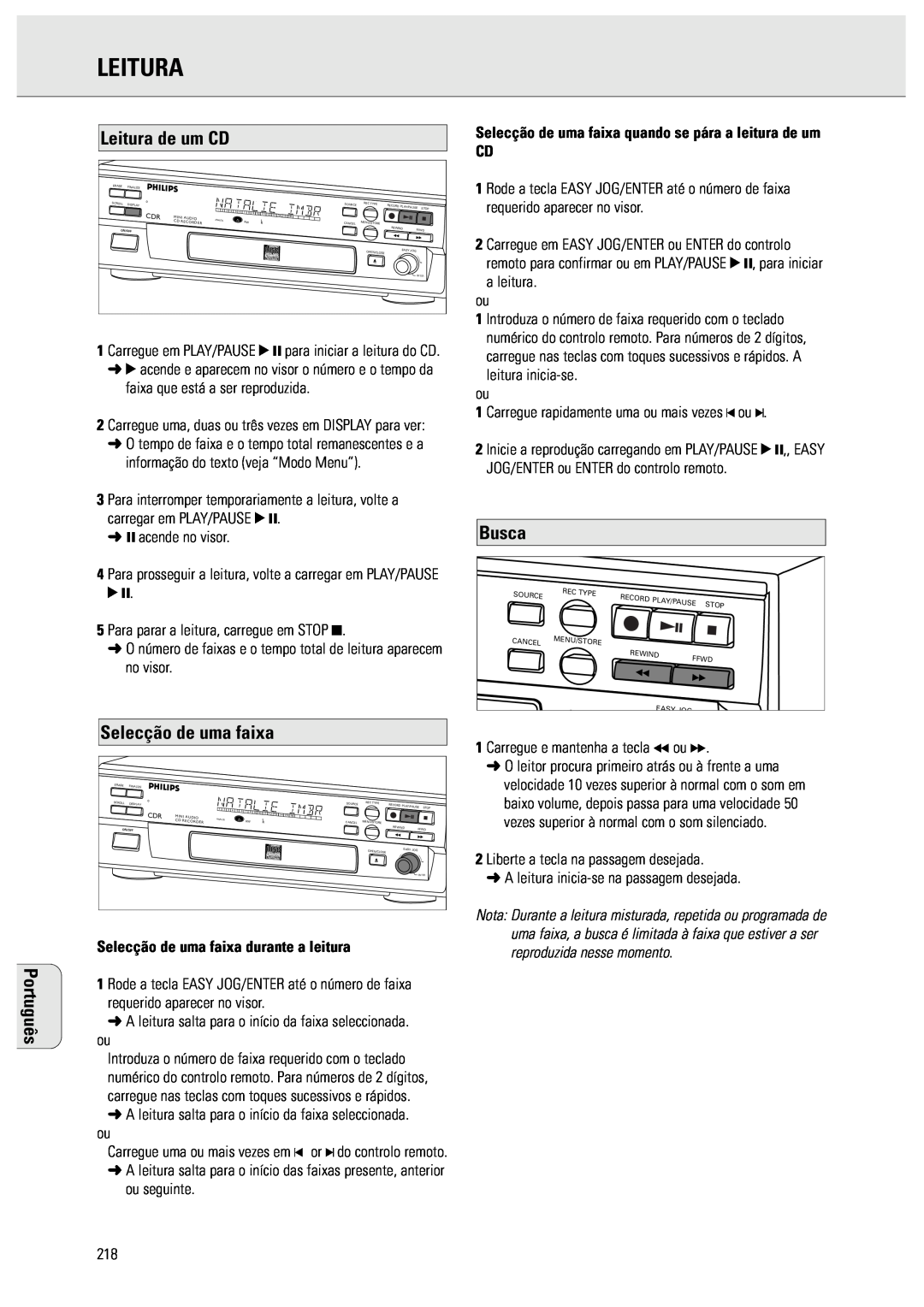 Philips CDR570 manual Leitura de um CD, Selecção de uma faixa, Busca, Português 