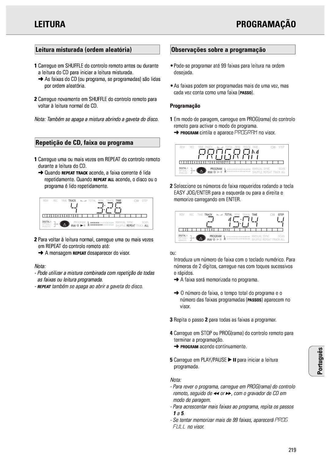Philips CDR570 manual Programação, Leitura misturada ordem aleatória, Observações sobre a programação, Português, Nota 