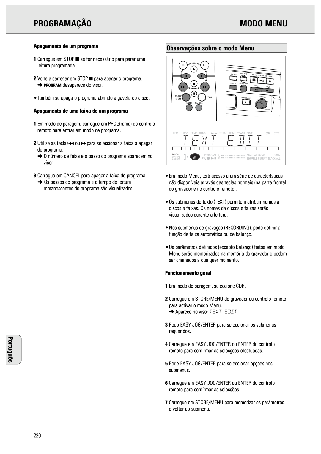 Philips CDR570 manual Observações sobre o modo Menu, Programação, Modo Menu, Português, Apagamento de um programa 