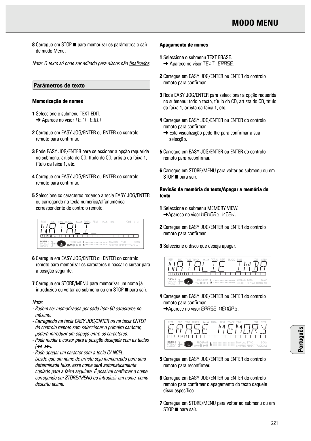 Philips CDR570 Modo Menu, Parâmetros de texto, Nota Podem ser memorizados por cada item 60 caracteres no máximo, Português 