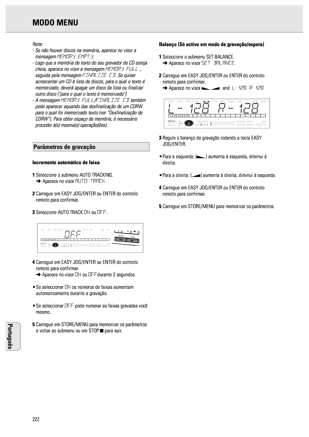 Philips CDR570 manual Parâmetros de gravação, Modo Menu, Português, Nota, Incremento automático de faixa 