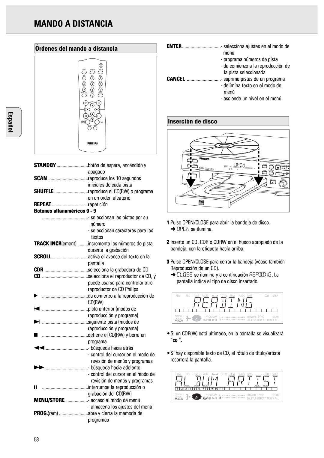 Philips CDR570 manual Mando A Distancia, Órdenes del mando a distancia, Inserción de disco, Español 