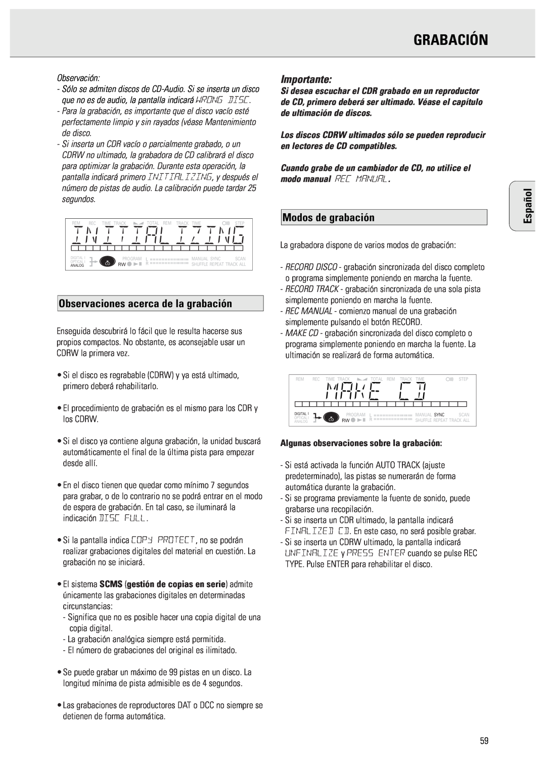 Philips CDR570 manual Grabación, Observaciones acerca de la grabación, Importante, Modos de grabación, Español, Observación 